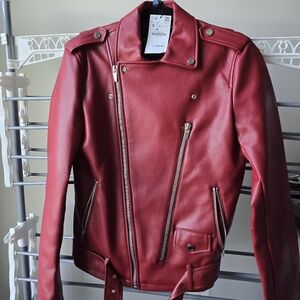 Zara Red Leather Biker Jacket (Faux Leather) - NEW w/ Tag